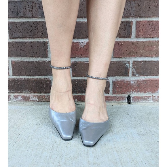 size 8.5 vintage y2k SILVER Beaded Ankle Strap FUTURISTIC HEELS square toe - Picture 7 of 10
